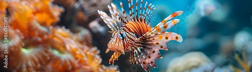 Striking Lionfish With Vibrant Fins Blending Into Coral Reef Underwater Ecosystem