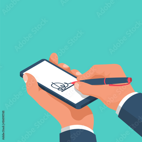 Digital signature on smartphone.Vector illustration isometric 3D design.Businessman hands holding a phone for signature.Modern technology business.