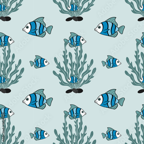 Sea bottom pattern with blue fish and algae on pastel blue background, seamless marine pattern.