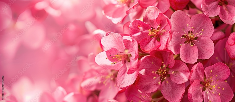 In springtime, a group of bright pink crabapple flowers blossom beautifully in a captivating scene with ample copy space image. In springtime, a group of bright pink crabapple flowers blossom beautifully in a captivating scene with ample copy space image.