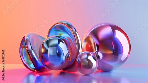 Abstract 3D render of  iridescent spheres and orbs against a colorful background. © Vector