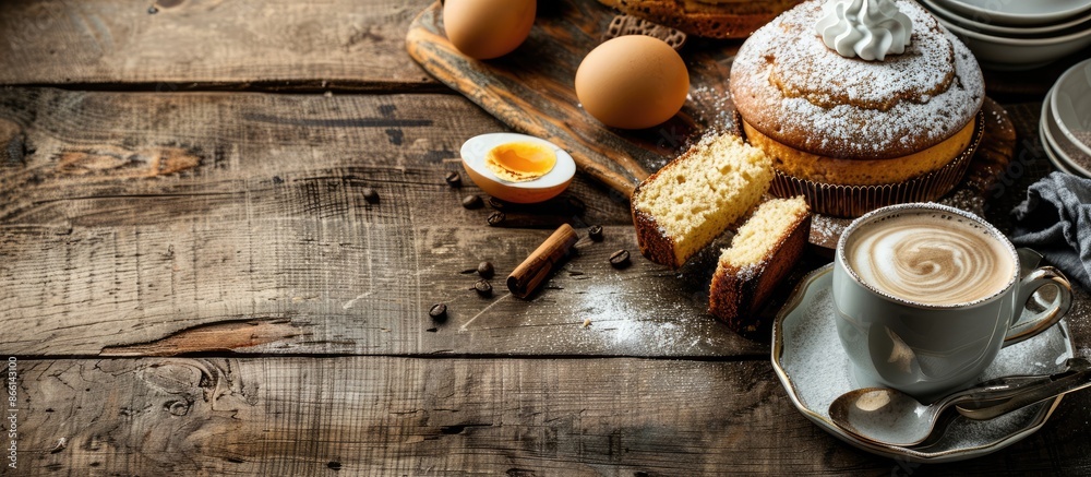 A rustic wooden table set with homemade sponge cake, egg cake, and a cup of coffee, perfect for a bakery concept background with ample copy space image. A rustic wooden table set with homemade sponge cake, egg cake, and a cup of coffee, perfect for a bakery concept background with ample copy space image.