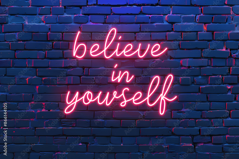 Obraz premium Neon sign with text believe in yourself on brick wall, motivational and inspirational quotes