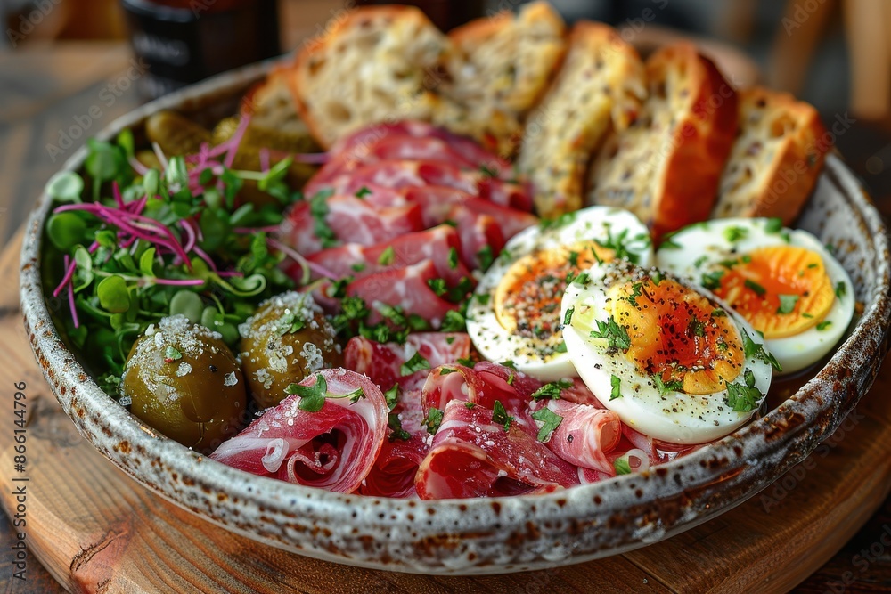 A bowl of ploughman's lunch, featuring cheese, pickle, ham, crusty bread, and a scotch egg, arranged on a wooden board. A bowl of ploughman's lunch, featuring cheese, pickle, ham, crusty bread, and a scotch egg, arranged on a wooden board.