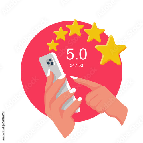 Smartphone in hands with rating. Feedback concept. Evaluation. Vector illustration flat design. Isolated on background. The client rates the service.