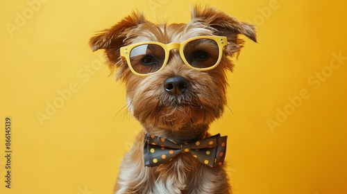 Cute dog wearing yellow sunglasses and a polka dot bowtie against a yellow background. © Vector
