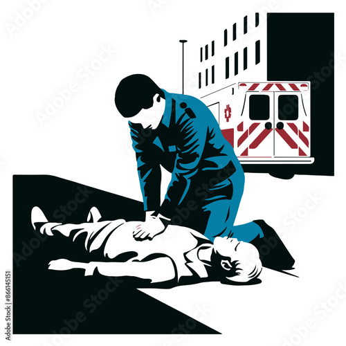 Medic giving indirect heart massage to elderly man lying unconscious on the floor in the middle of the street. Vector minimalistic image in flat style on white background