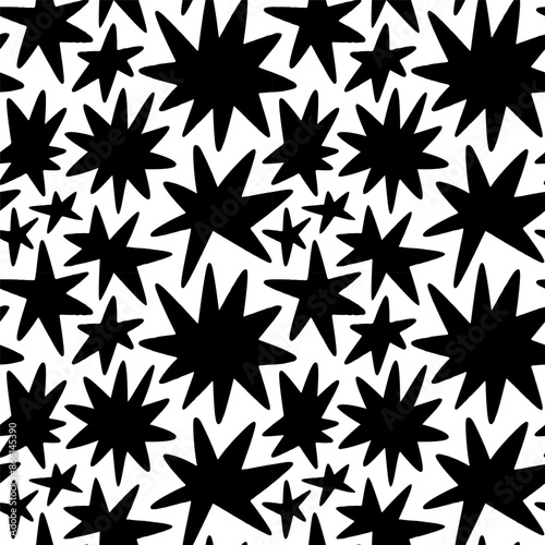 Abstract star shape seamless pattern with black and white geometric doodles. Flat organic cartoon background, simple random shapes print texture.	
