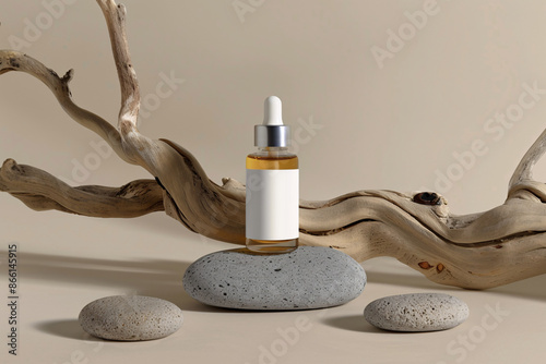 Glass serum dropper bottle on  rock with piece of driftwood. Skin care product packaging design photo