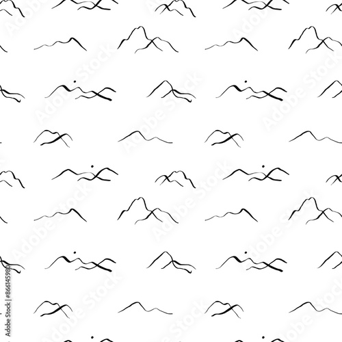Abstract black and white hand drawn mountain landscape seamless pattern illustration. Vintage travel scenery environment background with sunset, outdoor drawing doodle wallpaper texture.