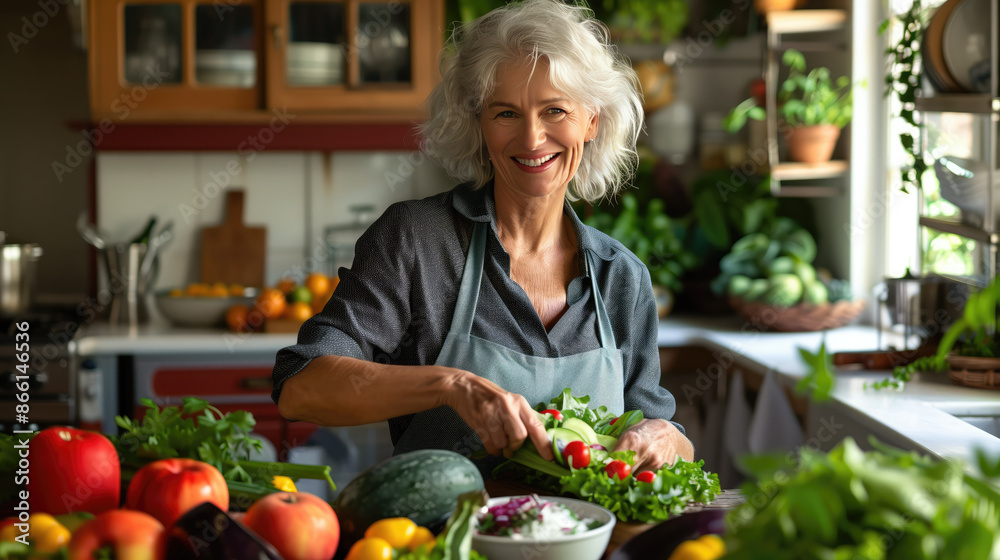 Smiling woman in her 50s making a salad in a bright kitchen. Healthy lifestyle concept. Smiling woman in her 50s making a salad in a bright kitchen. Healthy lifestyle concept.