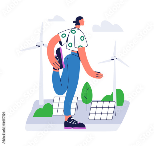 Warmup, stretching exercise outdoors. Active woman runner warming up. Healthy female character, jogger training, working out outside in rco city. Flat vector illustration isolated on white background