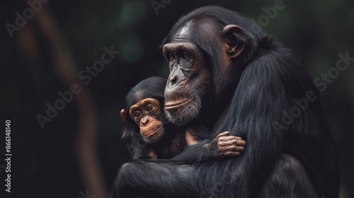 Mother Chimpanzee Cradling Her Infant in the Forest