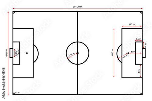 Vector soccer court Icon with Editable SVG Design	. Football field with its dimensions. Soccer area top view illustration technical drawing