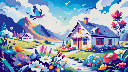 Colorful Countryside Cottage with Lush Floral Garden and Mountains