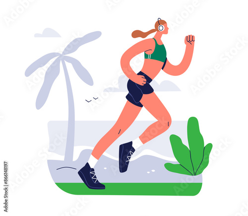 Jogging woman. Female in headphones running on beach. Girl jogger, runner outdoors. Summer sport workout at seaside. Active cardio exercise. Flat vector illustration isolated on white background
