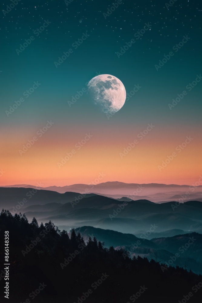 The moon rising over a mountain range, with a softly blurred background of a twilight sky and stars. The moon rising over a mountain range, with a softly blurred background of a twilight sky and stars.