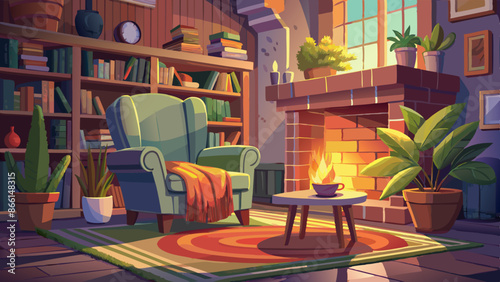 Cozy Evening: Comfortable Armchair by Fireplace in Home Library Scene