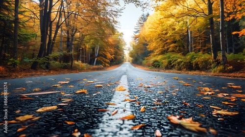 Scenic Autumn Forest Road with Vibrant Foliage Inviting Travelers on a Picturesque Journey