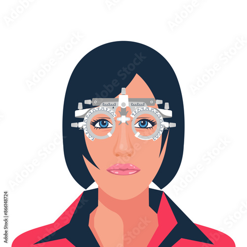 Vision test. Young woman wearing special glasses for the diagnosis of vision. Vector illustration flat design. Isolated on white background. Ophthalmology clinic.