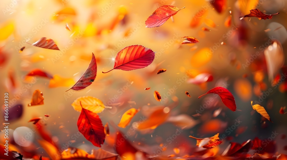 Vibrant Autumn Leaves Gracefully Floating in the Air with Ethereal Blurred Background Vibrant Autumn Leaves Gracefully Floating in the Air with Ethereal Blurred Background