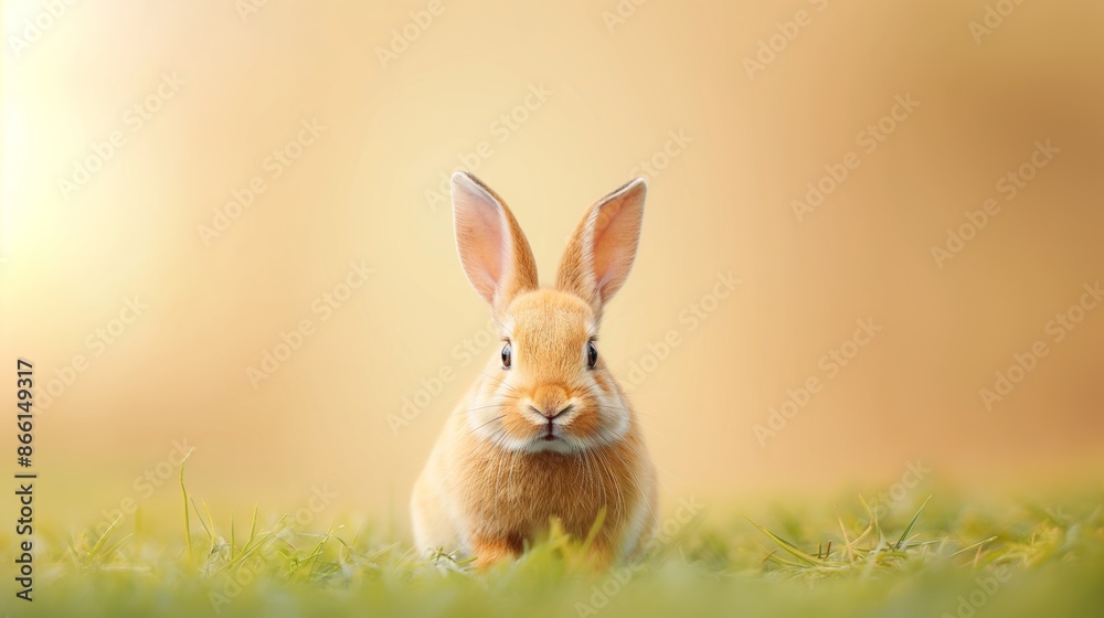 Obraz premium A cute brown rabbit sitting in a green field on a sunny day.