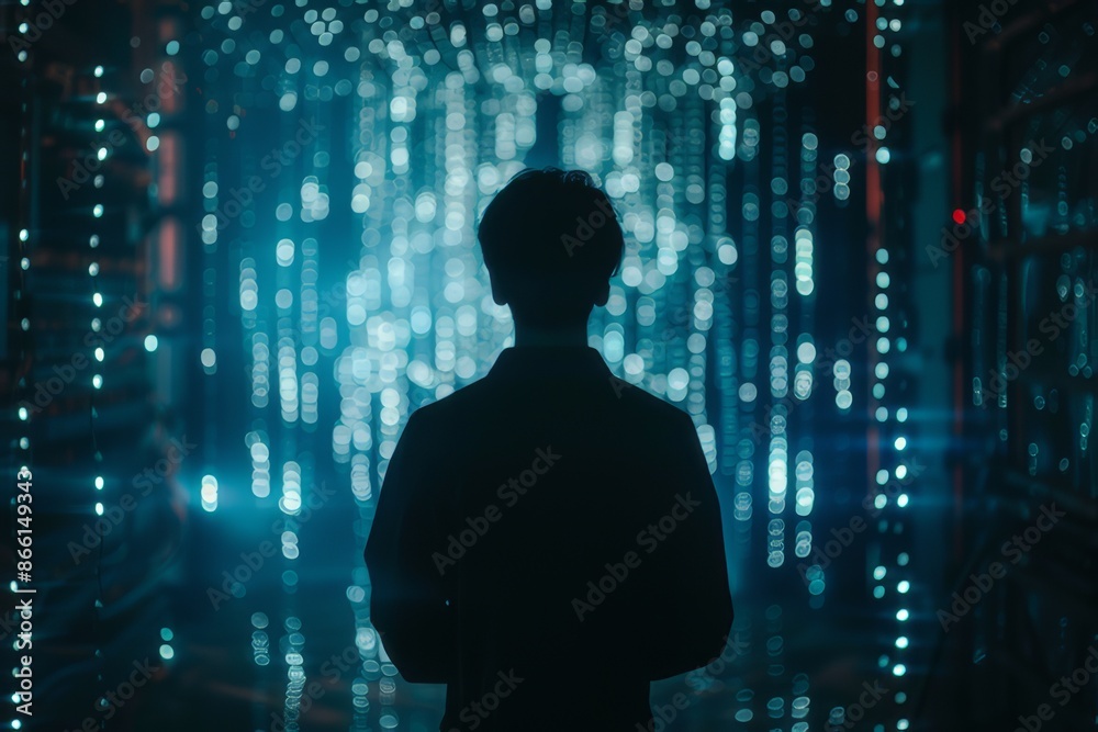 Silhouetted technomancer hacker with cybernetic enigma Silhouetted technomancer hacker with cybernetic enigma