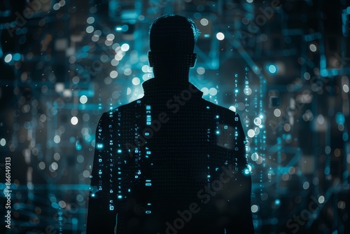 Silhouetted technomancer hacker with cybernetic enigma photo