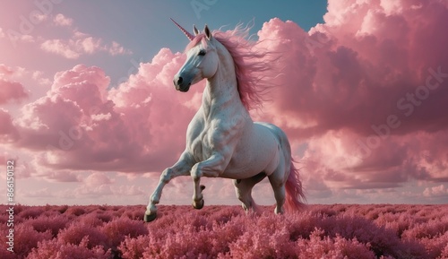 Elegant unicorn galloping in a fantasy pink landscape photo