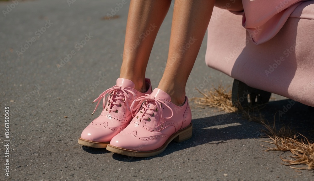 Close-up of pink stylish shoes with laces on pavement Close-up of pink stylish shoes with laces on pavement