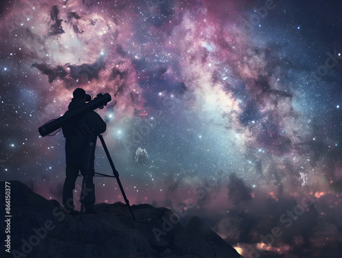 An astronomer gazes at the stars through a telescope, pondering the mysteries of creation.