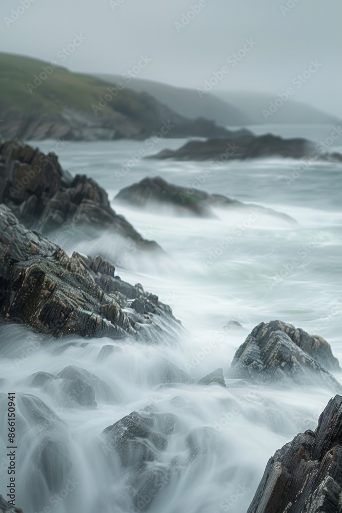 Waves crashing against rocks, with a softly blurred background of a rugged coastline and sea. 