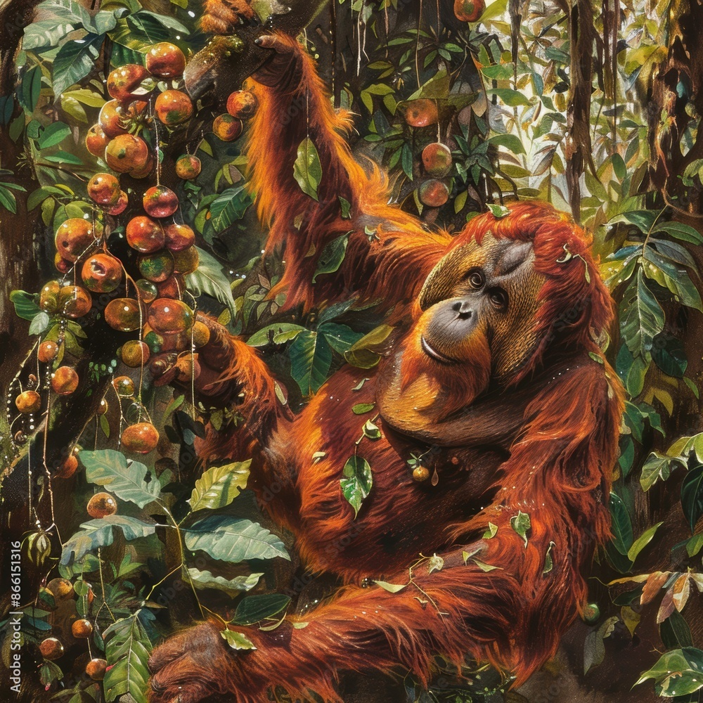 Obraz premium Vibrant orangutan climbing trees and enjoying fruits in lush tropical rainforest, showcasing wildlife and nature's beauty.