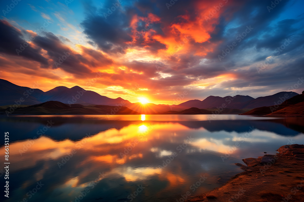 The Divine Artistry: A Serene Lake Resting in the Lap of Misty Mountains Under a Twilight Sky The Divine Artistry: A Serene Lake Resting in the Lap of Misty Mountains Under a Twilight Sky