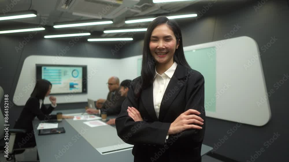 Portrait of young motivated leader business woman standing with crossing his arms and looking at camera in meeting room, startup entrepreneur with background of partnership meeting in office room.
Portrait of young motivated leader business woman standing with crossing his arms and looking at camera in meeting room, startup entrepreneur with background of partnership meeting in office room.