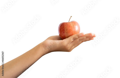 Hand serving fresh red apple on isolated background