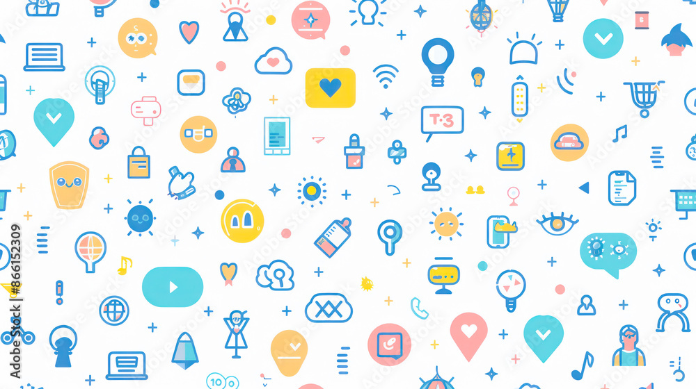 Seamless social life icons pattern on white background.Generative AI Seamless social life icons pattern on white background.Generative AI