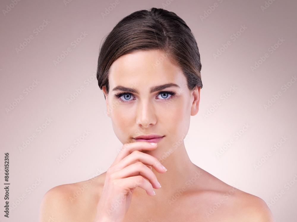Cosmetics, portrait and woman in studio, confident and skincare for anti aging of celebrity and beauty. Pink background, soft and results of treatment with glow, person and shine of skin for actor Cosmetics, portrait and woman in studio, confident and skincare for anti aging of celebrity and beauty. Pink background, soft and results of treatment with glow, person and shine of skin for actor