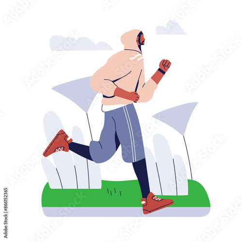 Jogging man in park. Runner during cardivascular workout. Active cardio exercise, running. Jogger exercising endurance outdoors in nature. Flat vector illustration isolated on white background