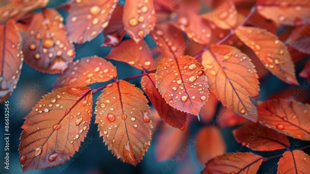Close up of vibrant red and orange autumn leaves covered in sparkling raindrops. Concept of fall, nature, beauty, and seasonal change. Close up of vibrant red and orange autumn leaves covered in sparkling raindrops. Concept of fall, nature, beauty, and seasonal change.