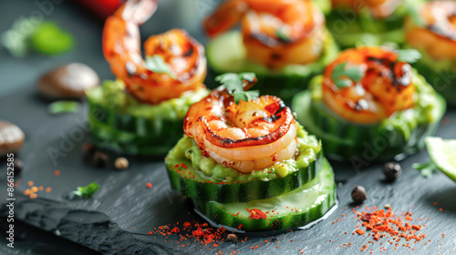 Wallpaper Mural Canape with prawn, cucumber and avocado guacamole, party food, finger food.Generative AI Torontodigital.ca