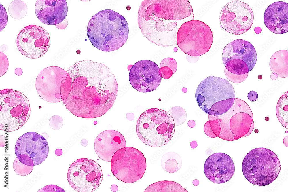 A watercolor seamless pattern with pink and purple circles, creating a soft and artistic design on a white background. A watercolor seamless pattern with pink and purple circles, creating a soft and artistic design on a white background.
