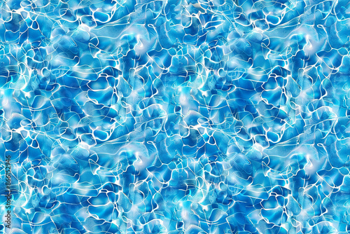 An abstract seamless water texture pattern with blue and white wavy lines, evoking the appearance of moving water.
