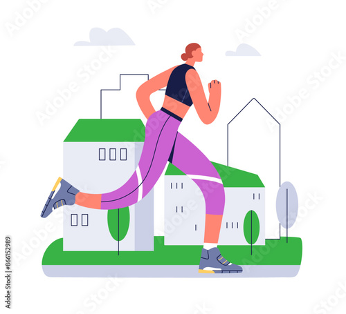 Jogging woman in city. Female runner workout, outdoors cardio exercise. Active healthy girl in sportswear, jogger running, training endurance. Flat vector illustration isolated on white background