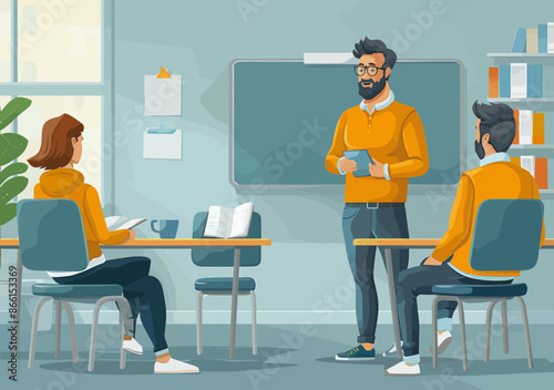 Business Team Education Presentation Meeting with Male Leader in Office Classroom Setting During Daytime, Vector Illustration
