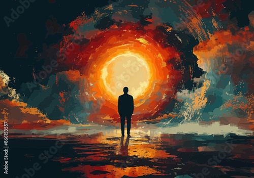 Businessman Observing Future Vision in Dynamic World, Surreal Sunset Background, Silhouette of Man and Abstract Motion, Minimalistic Business Concept Illustration