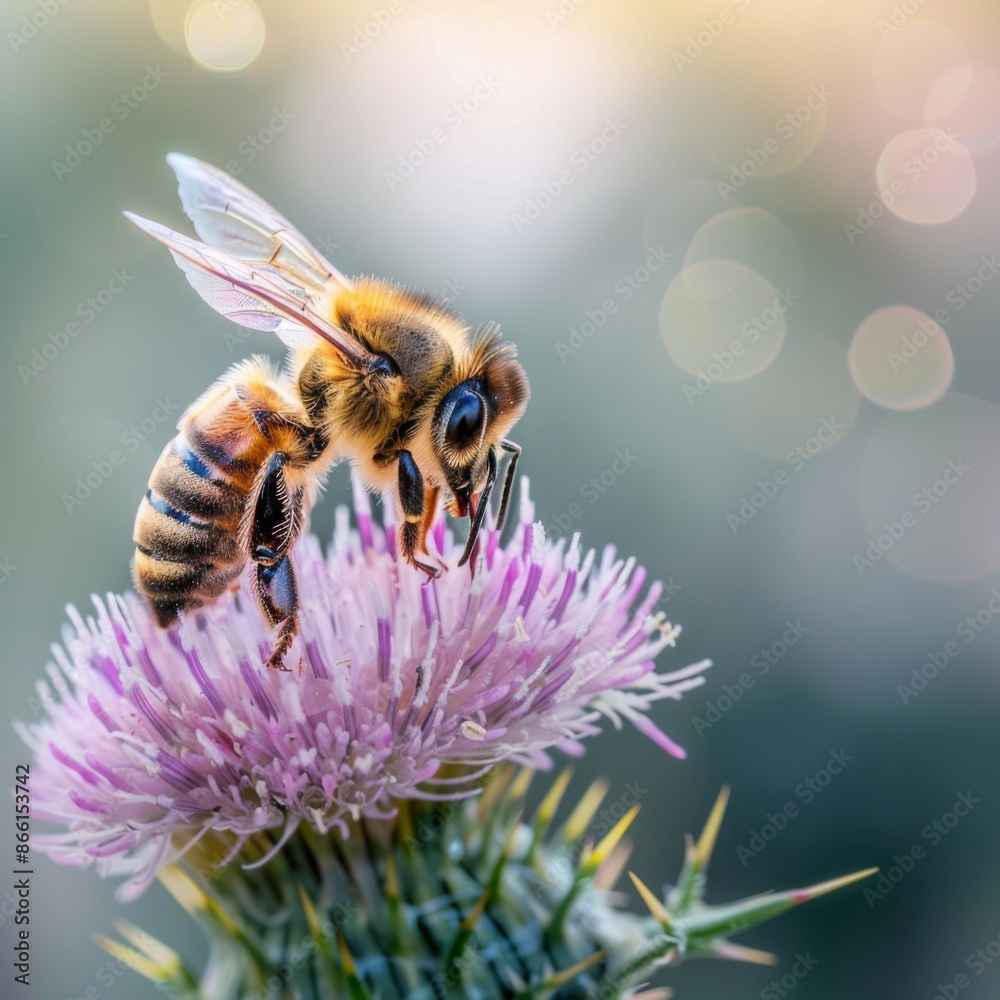Serene Bee on Thistle Flower - Peaceful Nature Background with Soft Bokeh, Tranquil Scene of Pollination in a Garden Serene Bee on Thistle Flower - Peaceful Nature Background with Soft Bokeh, Tranquil Scene of Pollination in a Garden