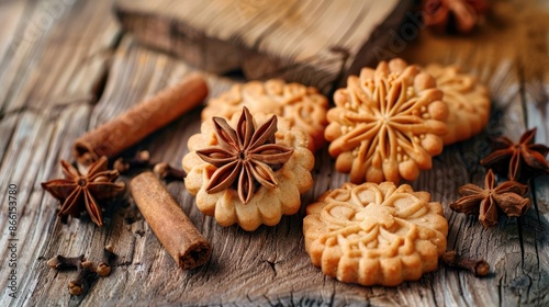 Star anise displayed on a wooden surface alongside cookies and cinnamon