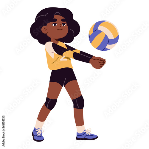 Little girl in uniform plays volleyball. Cute kid player of team sport game training. Happy child hits ball with her hands. Young athlete does exercises. Flat isolated vector illustration on white