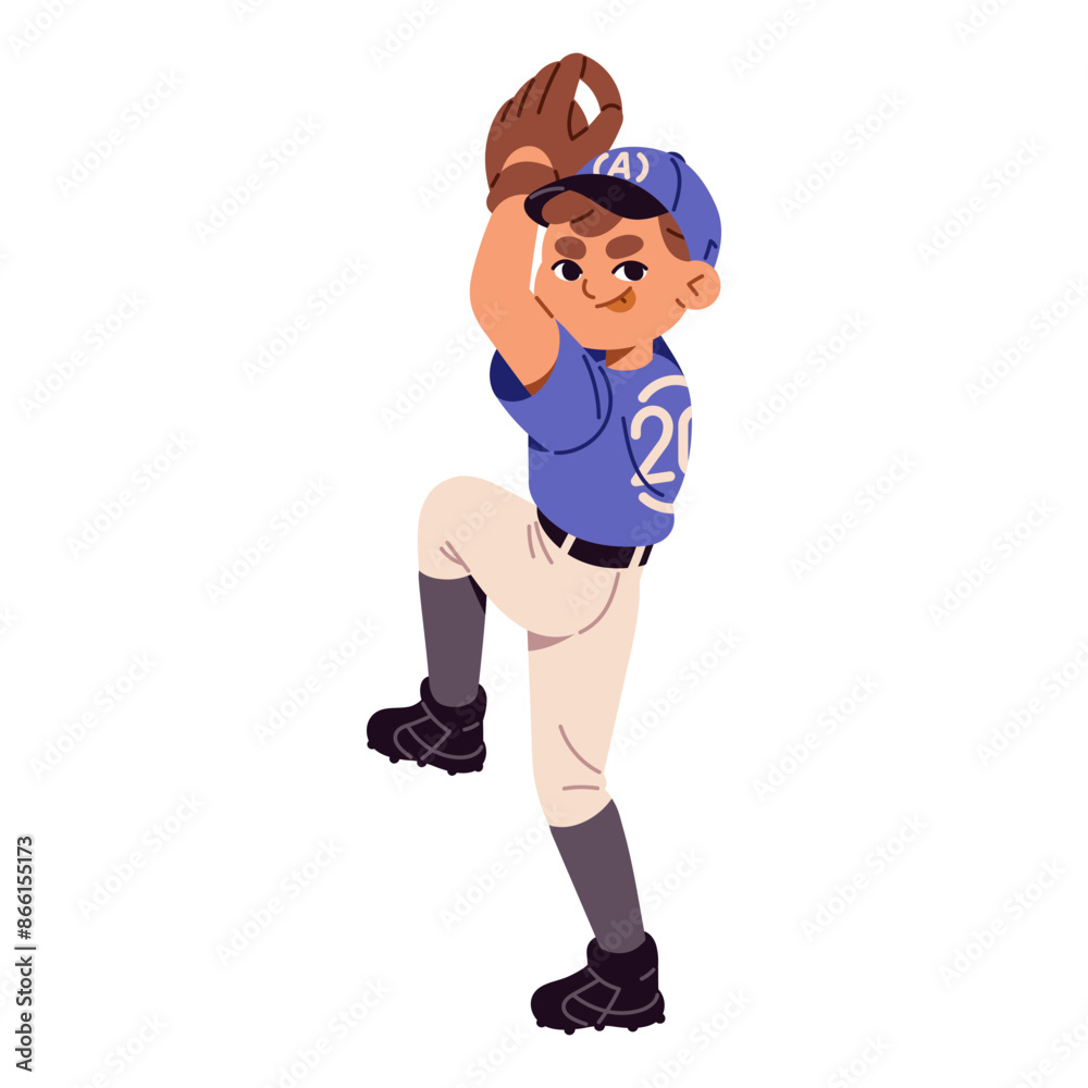 Cute boy in cap plays American baseball. Happy kid in sports glove swings to throw ball. Young pitcher, player in uniform pitches during game. Flat isolated vector illustration on white background Cute boy in cap plays American baseball. Happy kid in sports glove swings to throw ball. Young pitcher, player in uniform pitches during game. Flat isolated vector illustration on white background